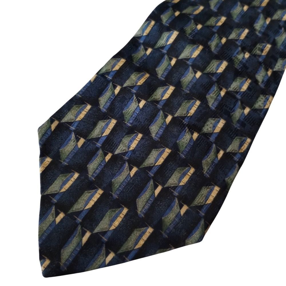Barrington Mens Silk Tie Navy Blue Green Gold Geometric 3D Block Pattern USA